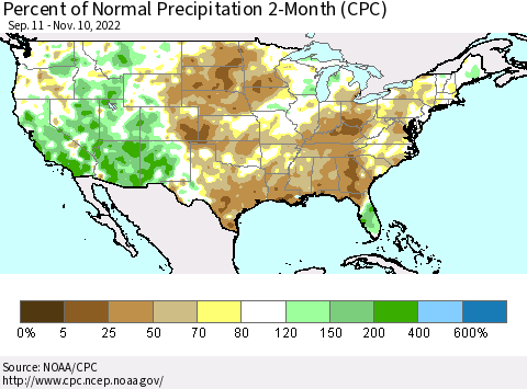 United States Percent of Normal Precipitation 2-Month (CPC) Thematic Map For 9/11/2022 - 11/10/2022