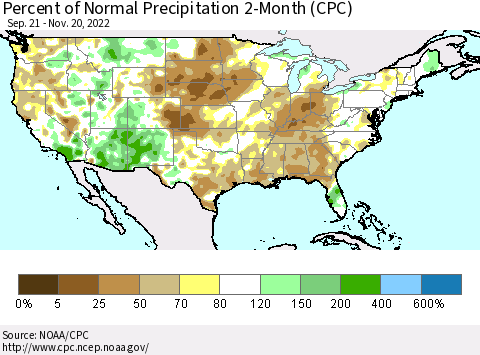 United States Percent of Normal Precipitation 2-Month (CPC) Thematic Map For 9/21/2022 - 11/20/2022