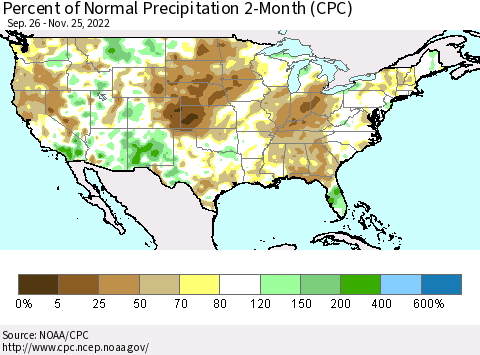 United States Percent of Normal Precipitation 2-Month (CPC) Thematic Map For 9/26/2022 - 11/25/2022
