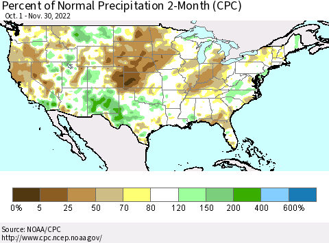 United States Percent of Normal Precipitation 2-Month (CPC) Thematic Map For 10/1/2022 - 11/30/2022