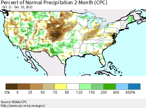 United States Percent of Normal Precipitation 2-Month (CPC) Thematic Map For 10/11/2022 - 12/10/2022