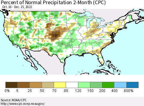 United States Percent of Normal Precipitation 2-Month (CPC) Thematic Map For 10/16/2022 - 12/15/2022