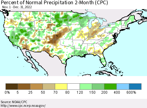 United States Percent of Normal Precipitation 2-Month (CPC) Thematic Map For 11/1/2022 - 12/31/2022