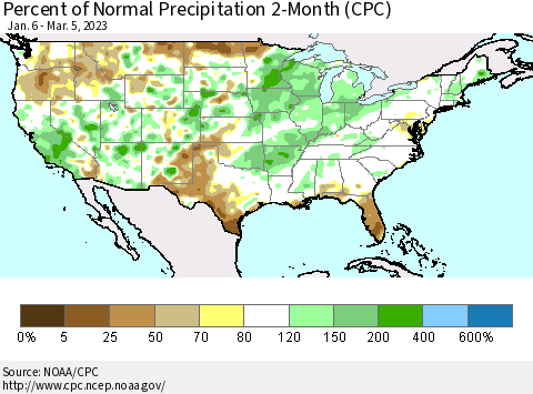 United States Percent of Normal Precipitation 2-Month (CPC) Thematic Map For 1/6/2023 - 3/5/2023
