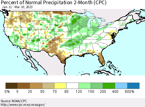 United States Percent of Normal Precipitation 2-Month (CPC) Thematic Map For 1/11/2023 - 3/10/2023