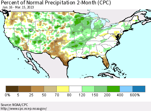 United States Percent of Normal Precipitation 2-Month (CPC) Thematic Map For 1/16/2023 - 3/15/2023