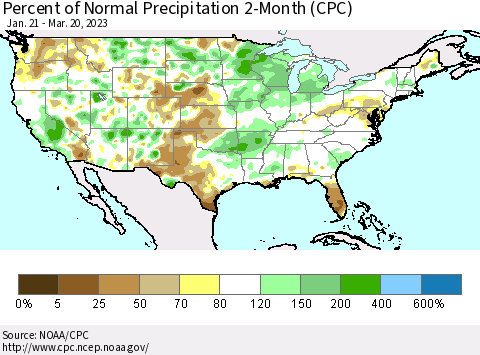 United States Percent of Normal Precipitation 2-Month (CPC) Thematic Map For 1/21/2023 - 3/20/2023
