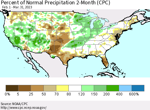 United States Percent of Normal Precipitation 2-Month (CPC) Thematic Map For 2/1/2023 - 3/31/2023