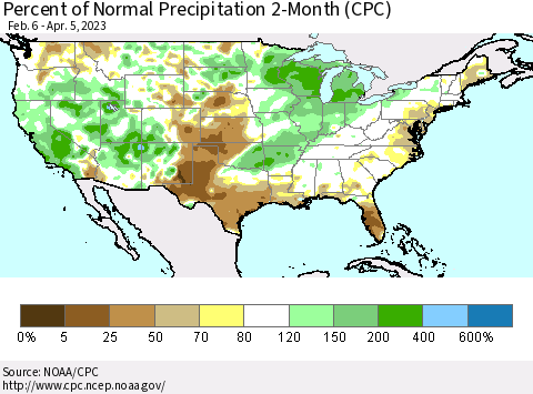 United States Percent of Normal Precipitation 2-Month (CPC) Thematic Map For 2/6/2023 - 4/5/2023
