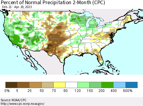 United States Percent of Normal Precipitation 2-Month (CPC) Thematic Map For 2/21/2023 - 4/20/2023