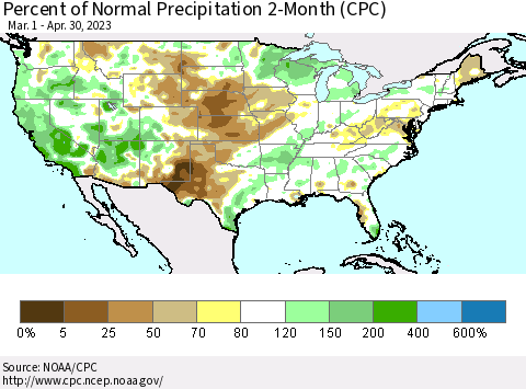 United States Percent of Normal Precipitation 2-Month (CPC) Thematic Map For 3/1/2023 - 4/30/2023