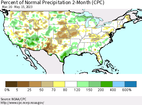 United States Percent of Normal Precipitation 2-Month (CPC) Thematic Map For 3/16/2023 - 5/15/2023