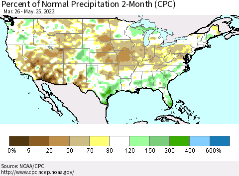 United States Percent of Normal Precipitation 2-Month (CPC) Thematic Map For 3/26/2023 - 5/25/2023