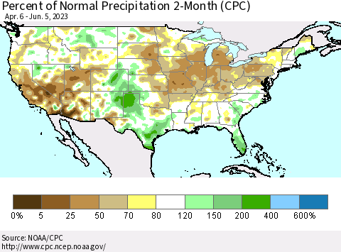 United States Percent of Normal Precipitation 2-Month (CPC) Thematic Map For 4/6/2023 - 6/5/2023