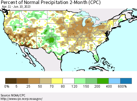 United States Percent of Normal Precipitation 2-Month (CPC) Thematic Map For 4/11/2023 - 6/10/2023