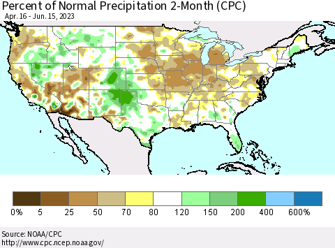 United States Percent of Normal Precipitation 2-Month (CPC) Thematic Map For 4/16/2023 - 6/15/2023