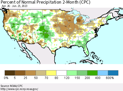 United States Percent of Normal Precipitation 2-Month (CPC) Thematic Map For 4/26/2023 - 6/25/2023