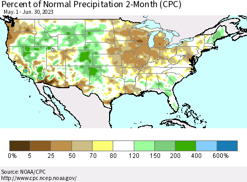 United States Percent of Normal Precipitation 2-Month (CPC) Thematic Map For 5/1/2023 - 6/30/2023