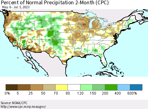 United States Percent of Normal Precipitation 2-Month (CPC) Thematic Map For 5/6/2023 - 7/5/2023