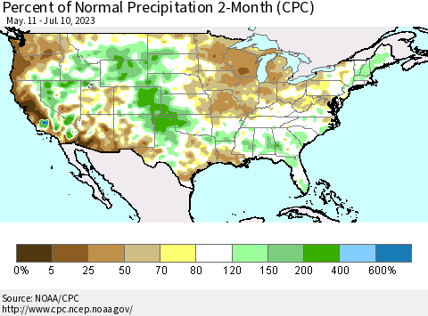 United States Percent of Normal Precipitation 2-Month (CPC) Thematic Map For 5/11/2023 - 7/10/2023