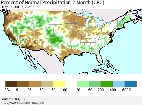 United States Percent of Normal Precipitation 2-Month (CPC) Thematic Map For 5/16/2023 - 7/15/2023
