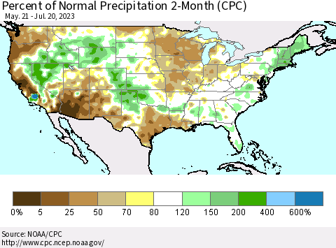 United States Percent of Normal Precipitation 2-Month (CPC) Thematic Map For 5/21/2023 - 7/20/2023