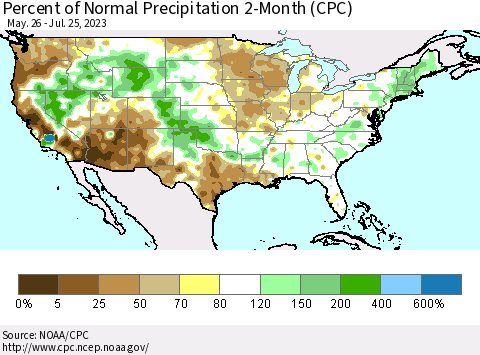 United States Percent of Normal Precipitation 2-Month (CPC) Thematic Map For 5/26/2023 - 7/25/2023