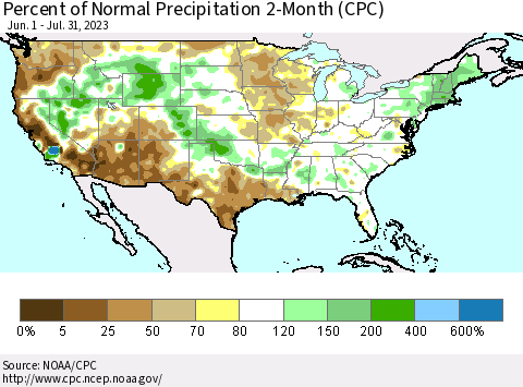 United States Percent of Normal Precipitation 2-Month (CPC) Thematic Map For 6/1/2023 - 7/31/2023