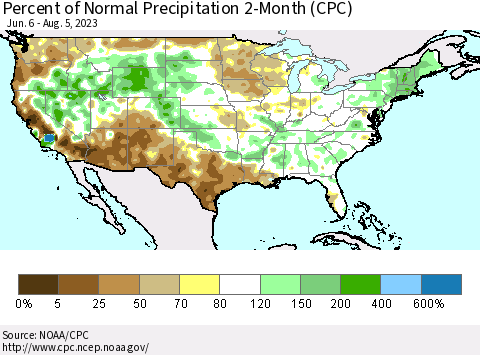 United States Percent of Normal Precipitation 2-Month (CPC) Thematic Map For 6/6/2023 - 8/5/2023