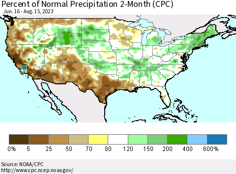 United States Percent of Normal Precipitation 2-Month (CPC) Thematic Map For 6/16/2023 - 8/15/2023