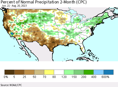 United States Percent of Normal Precipitation 2-Month (CPC) Thematic Map For 6/21/2023 - 8/20/2023