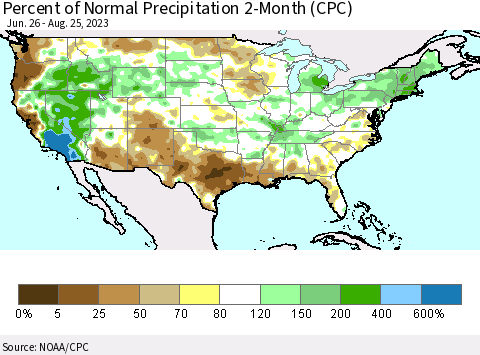 United States Percent of Normal Precipitation 2-Month (CPC) Thematic Map For 6/26/2023 - 8/25/2023