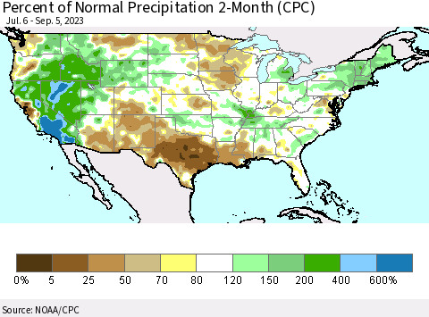 United States Percent of Normal Precipitation 2-Month (CPC) Thematic Map For 7/6/2023 - 9/5/2023