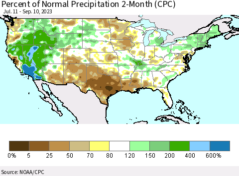 United States Percent of Normal Precipitation 2-Month (CPC) Thematic Map For 7/11/2023 - 9/10/2023