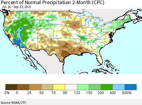 United States Percent of Normal Precipitation 2-Month (CPC) Thematic Map For 7/16/2023 - 9/15/2023