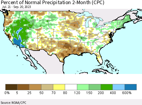 United States Percent of Normal Precipitation 2-Month (CPC) Thematic Map For 7/21/2023 - 9/20/2023