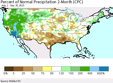United States Percent of Normal Precipitation 2-Month (CPC) Thematic Map For 8/1/2023 - 9/30/2023