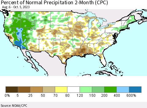 United States Percent of Normal Precipitation 2-Month (CPC) Thematic Map For 8/6/2023 - 10/5/2023