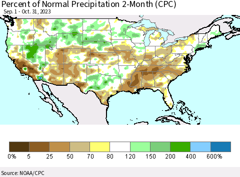 United States Percent of Normal Precipitation 2-Month (CPC) Thematic Map For 9/1/2023 - 10/31/2023