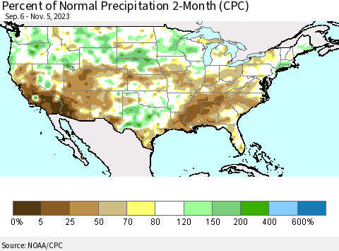 United States Percent of Normal Precipitation 2-Month (CPC) Thematic Map For 9/6/2023 - 11/5/2023