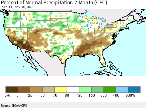 United States Percent of Normal Precipitation 2-Month (CPC) Thematic Map For 9/11/2023 - 11/10/2023