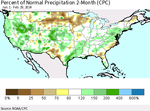 United States Percent of Normal Precipitation 2-Month (CPC) Thematic Map For 1/1/2024 - 2/29/2024
