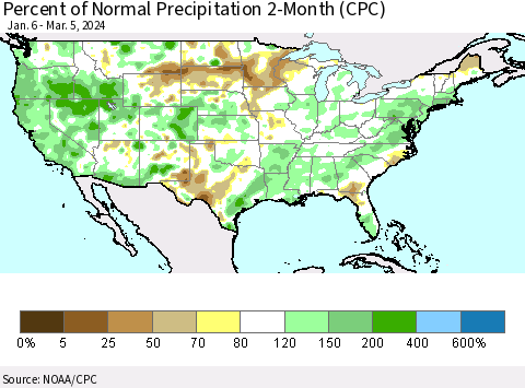 United States Percent of Normal Precipitation 2-Month (CPC) Thematic Map For 1/6/2024 - 3/5/2024