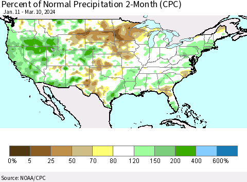 United States Percent of Normal Precipitation 2-Month (CPC) Thematic Map For 1/11/2024 - 3/10/2024