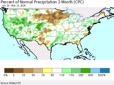 United States Percent of Normal Precipitation 2-Month (CPC) Thematic Map For 1/16/2024 - 3/15/2024