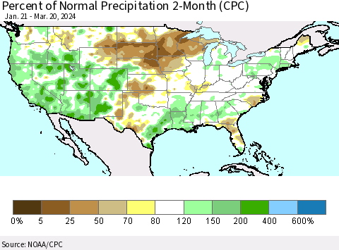 United States Percent of Normal Precipitation 2-Month (CPC) Thematic Map For 1/21/2024 - 3/20/2024