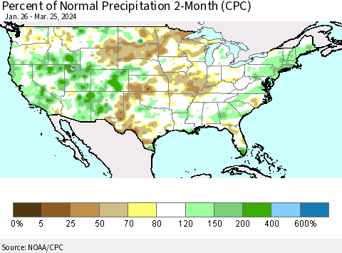 United States Percent of Normal Precipitation 2-Month (CPC) Thematic Map For 1/26/2024 - 3/25/2024
