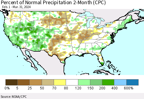 United States Percent of Normal Precipitation 2-Month (CPC) Thematic Map For 2/1/2024 - 3/31/2024