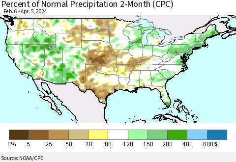 United States Percent of Normal Precipitation 2-Month (CPC) Thematic Map For 2/6/2024 - 4/5/2024
