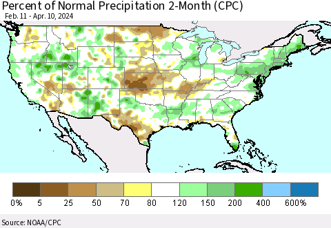 United States Percent of Normal Precipitation 2-Month (CPC) Thematic Map For 2/11/2024 - 4/10/2024